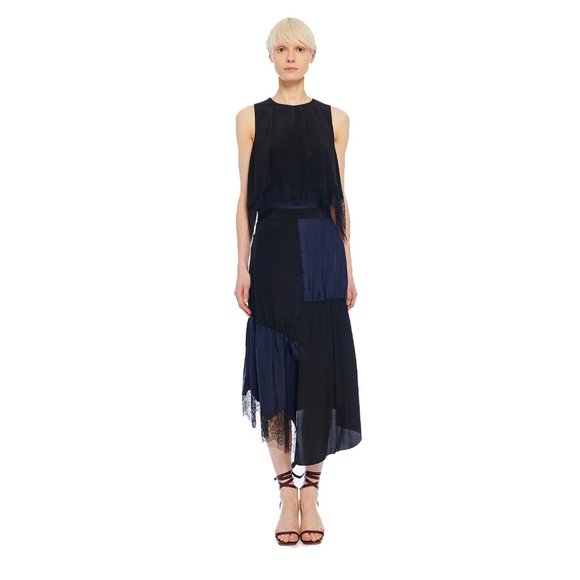 Tibi NWT Black/Navy Blue Patchwork Silk Skirt Size 4 - Picture 1 of 2